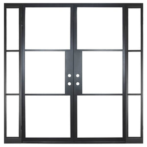 Double door made of iron with 3 glass panels and 3 sidelights on each side. Doors are thermally broken to protect from extreme weather.