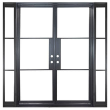 Load image into Gallery viewer, Double door made of iron with 3 glass panels and 3 sidelights on each side. Doors are thermally broken to protect from extreme weather.