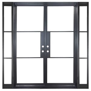 Double door made of iron with 3 glass panels and 3 sidelights on each side. Doors are thermally broken to protect from extreme weather.