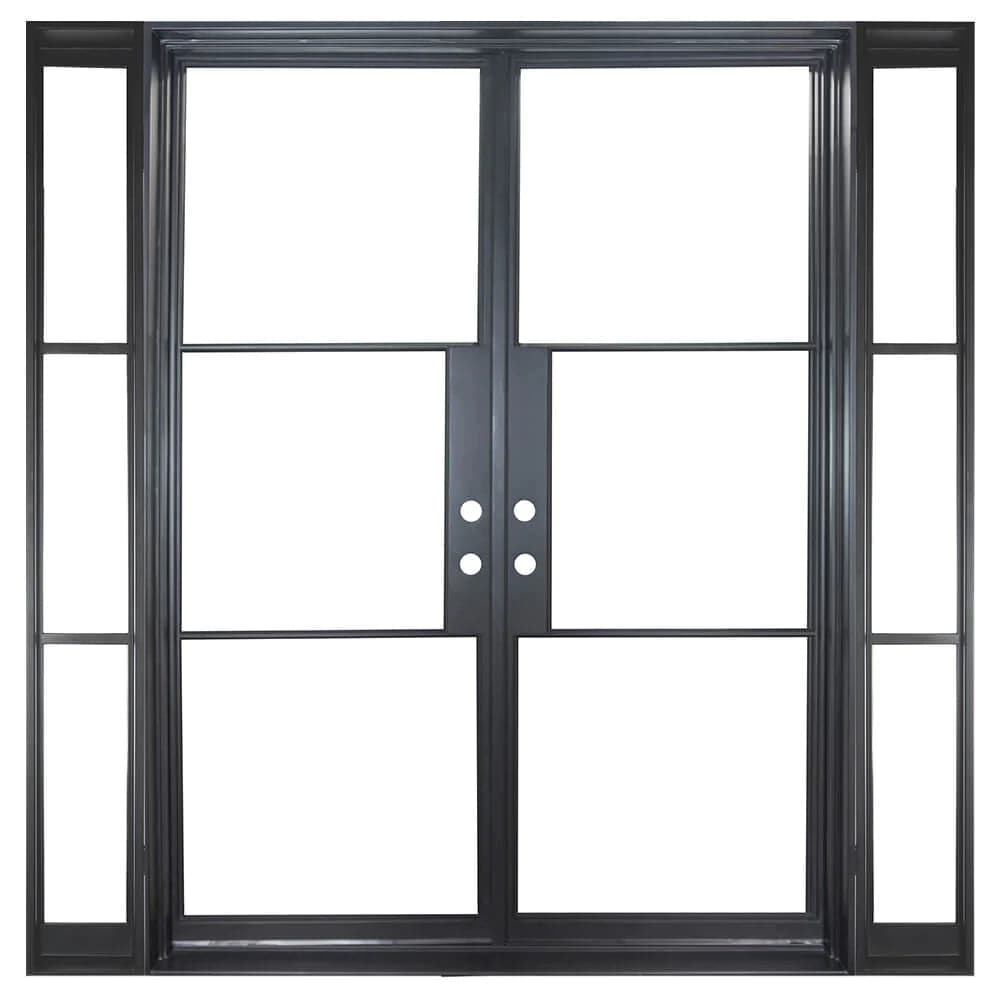 Double door made of iron with 3 glass panels and 3 sidelights on each side. Doors are thermally broken to protect from extreme weather.