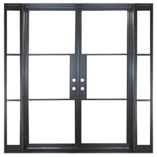 Load image into Gallery viewer, Double door made of iron with 3 glass panels and 3 sidelights on each side. Doors are thermally broken to protect from extreme weather.