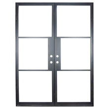 Load image into Gallery viewer, Iron double doors with 3 glass panels on each side. Doors are thermally broken to protect from extreme weather.