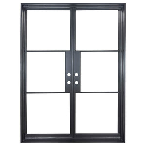 Iron double doors with 3 glass panels on each side. Doors are thermally broken to protect from extreme weather.