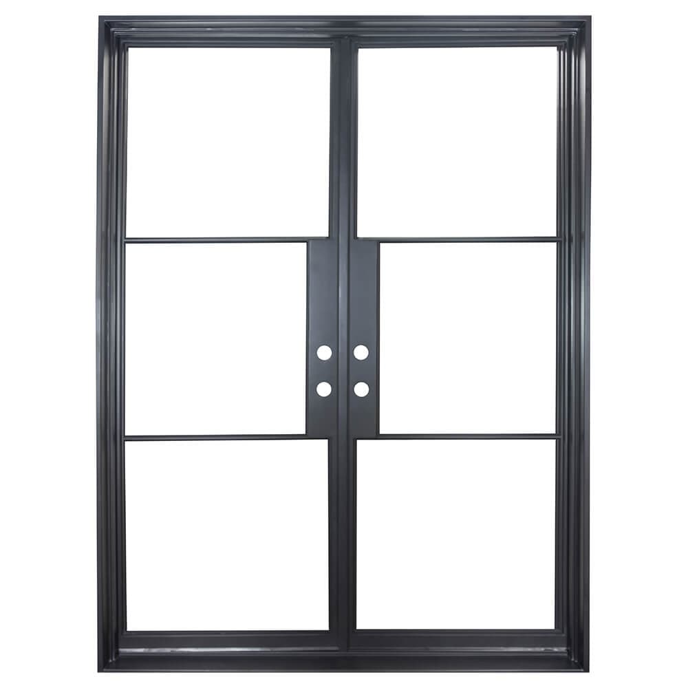 Iron double doors with 3 glass panels on each side. Doors are thermally broken to protect from extreme weather.