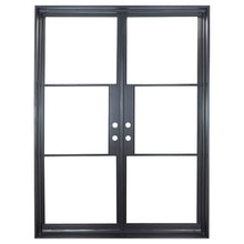 Load image into Gallery viewer, Iron double doors with 3 glass panels on each side. Doors are thermally broken to protect from extreme weather.