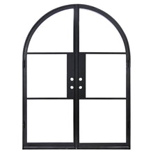 Load image into Gallery viewer, Iron double doors with 3 glass panels on each side and a full arch on top. Doors are thermally broken to protect from extreme weather.