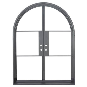 Arched Black double opening steel door with 6 tempered glass panes held by dividers for Patio or entry door - PINKYS