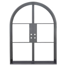 Load image into Gallery viewer, Iron double doors with 3 glass panels on each side and a full arch on top. Doors are thermally broken to protect from extreme weather.