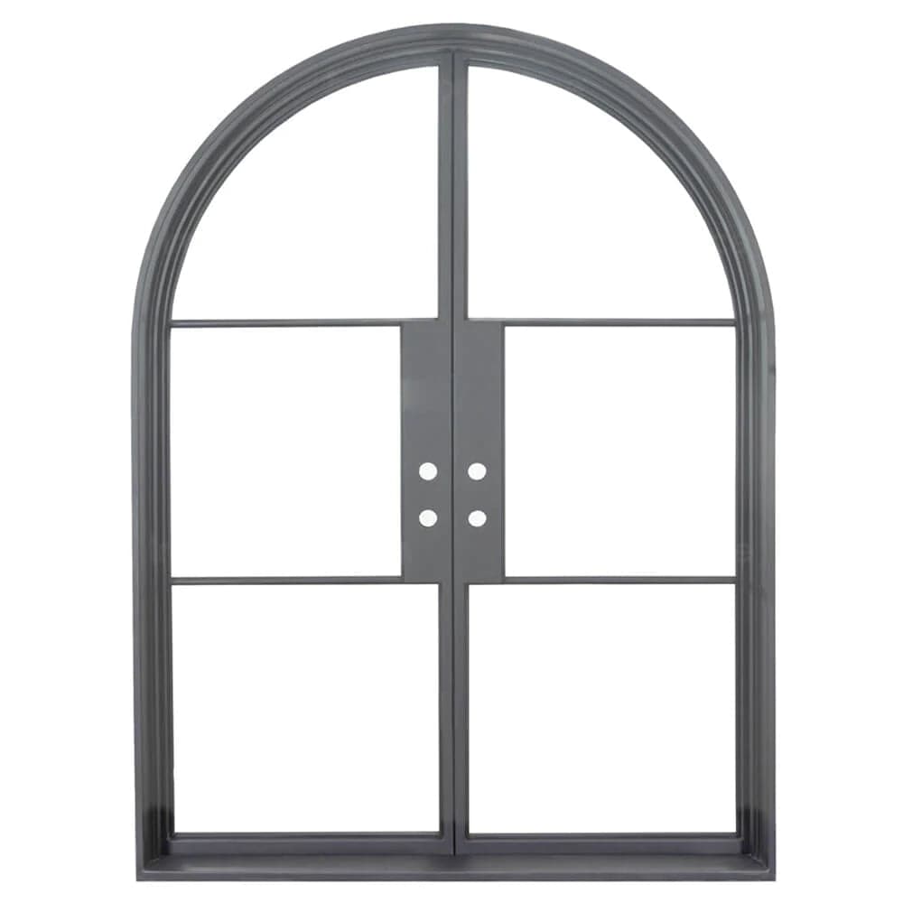 Iron double doors with 3 glass panels on each side and a full arch on top. Doors are thermally broken to protect from extreme weather.