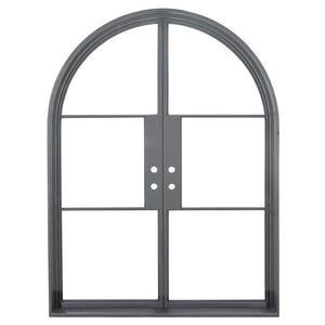 Iron double doors with 3 glass panels on each side and a full arch on top. Doors are thermally broken to protect from extreme weather.