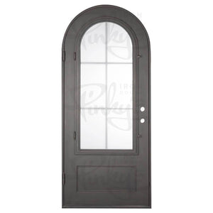 Single exterior door made of iron and steel featuring an 6-pane window on top with a full arch and a solid bottom. Door is thermally broken to protect from extreme weather.