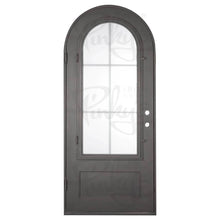Load image into Gallery viewer, Single exterior door made of iron and steel featuring an 6-pane window on top with a full arch and a solid bottom. Door is thermally broken to protect from extreme weather.