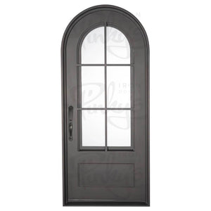 Single exterior door made of iron and steel featuring an 6-pane window on top with a full arch and a solid bottom. Door is thermally broken to protect from extreme weather.