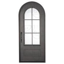 Load image into Gallery viewer, Single exterior door made of iron and steel featuring an 6-pane window on top with a full arch and a solid bottom. Door is thermally broken to protect from extreme weather.