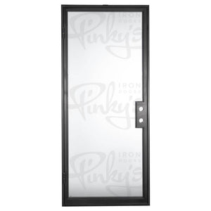 Iron framed door with a single pane of glass from top to bottom. Door is thermally broken to protect from extreme heat.