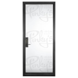 Iron framed door with a single pane of glass from top to bottom. Door is thermally broken to protect from extreme heat.