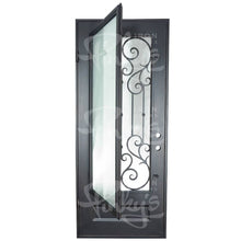 Load image into Gallery viewer, Single entryway door with a thick iron frame and intricate iron detailing behind a 3/4 pane of glass. Door is thermally broken to protect from extreme weather.