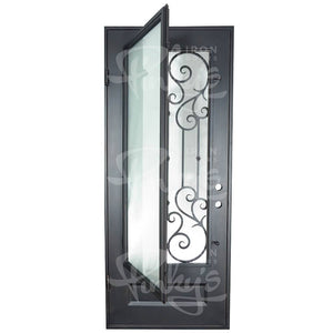 Single entryway door with a thick iron frame and intricate iron detailing behind a 3/4 pane of glass. Door is thermally broken to protect from extreme weather.