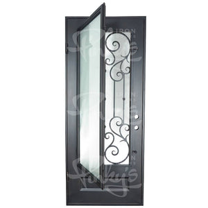 PINKYS New York single flat ornate and meticulously designed single iron door With a gorgeous rectangular bottom panel and scrollwork