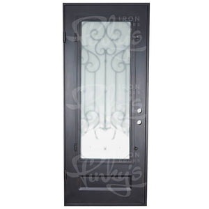 PINKYS New York single flat ornate and meticulously designed single iron door With a gorgeous rectangular bottom panel and scrollwork