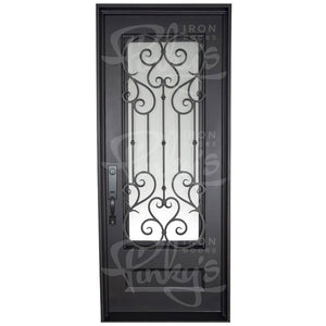 PINKYS New York single flat ornate and meticulously designed single iron door With a gorgeous rectangular bottom panel and scrollwork