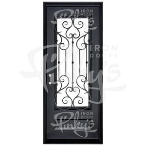 PINKYS New York single flat ornate and meticulously designed single iron door With a gorgeous rectangular bottom panel and scrollwork