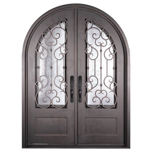 Double entryway doors made with a thick steel and iron frame. Doors have a 3/4 panel of glass behind an intricate iron design and feature a full arch on top. Doors are thermally broken to protect from extreme weather.