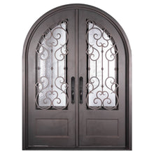 Load image into Gallery viewer, Double entryway doors made with a thick steel and iron frame. Doors have a 3/4 panel of glass behind an intricate iron design and feature a full arch on top. Doors are thermally broken to protect from extreme weather.