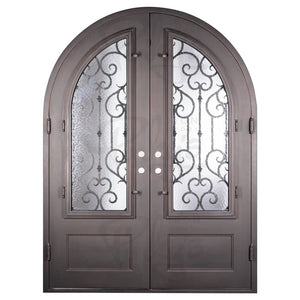 Double entryway doors made with a thick steel and iron frame. Doors have a 3/4 panel of glass behind an intricate iron design and feature a full arch on top. Doors are thermally broken to protect from extreme weather.
