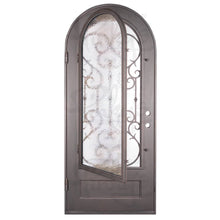 Load image into Gallery viewer, Single entryway door with a thick iron frame and intricate iron detailing behind a 3/4 pane of glass. Door features a full arch and is thermally broken to protect from extreme weather.