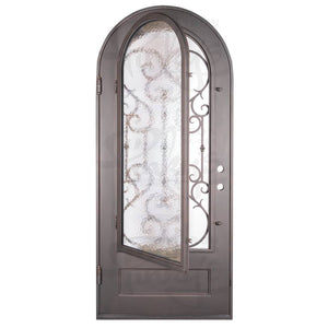 Single entryway door with a thick iron frame and intricate iron detailing behind a 3/4 pane of glass. Door features a full arch and is thermally broken to protect from extreme weather.