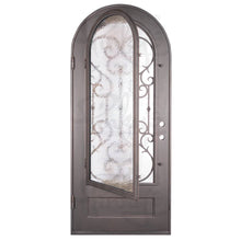 Load image into Gallery viewer, Single entryway door with a thick iron and steel frame and a full pane of glass behind intricate iron detailing.