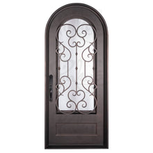 Load image into Gallery viewer, Single entryway door with a thick iron frame and intricate iron detailing behind a 3/4 pane of glass. Door features a full arch and is thermally broken to protect from extreme weather.