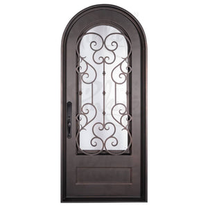 Single entryway door with a thick iron and steel frame and a full pane of glass behind intricate iron detailing.