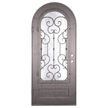 Load image into Gallery viewer, Single entryway door with a thick iron and steel frame and a full pane of glass behind intricate iron detailing.