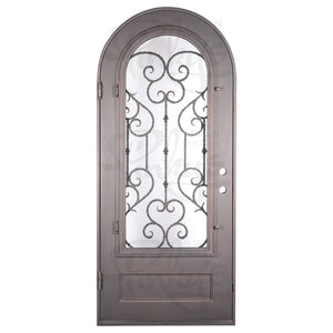 Single entryway door with a thick iron and steel frame and a full pane of glass behind intricate iron detailing.