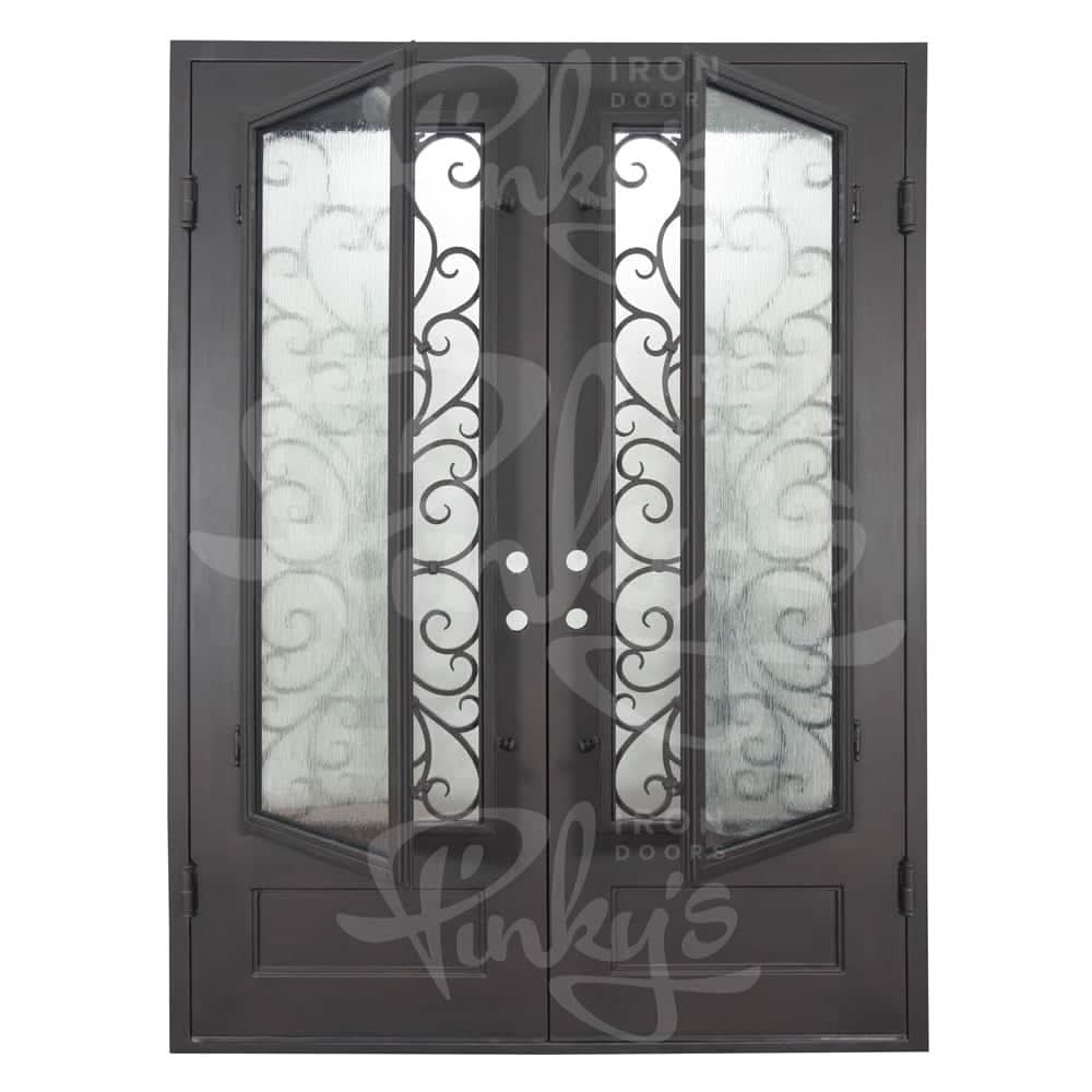 Night black iron double flat swing door with thick dual-pane glass.