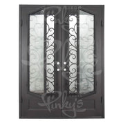 Night black iron double flat swing door with thick dual-pane glass.