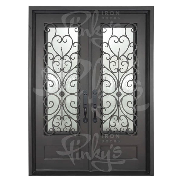 Night black wrought iron double door with square top and decorative scrollwork.