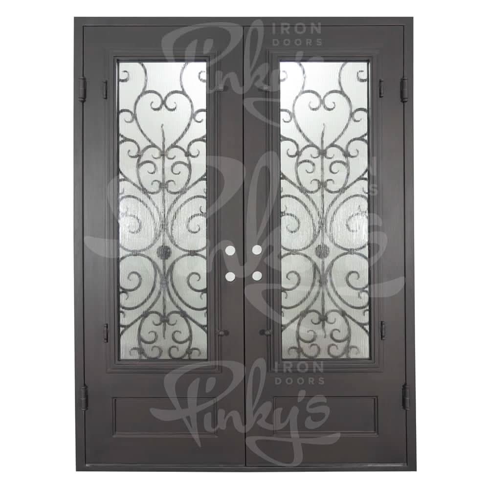 Night architectural bronze iron double square top entry door with glass.