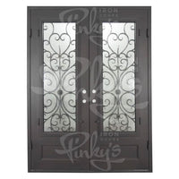 Double entryway doors with a thick iron and steel frame and a full pane of glass behind intricate iron detailing.