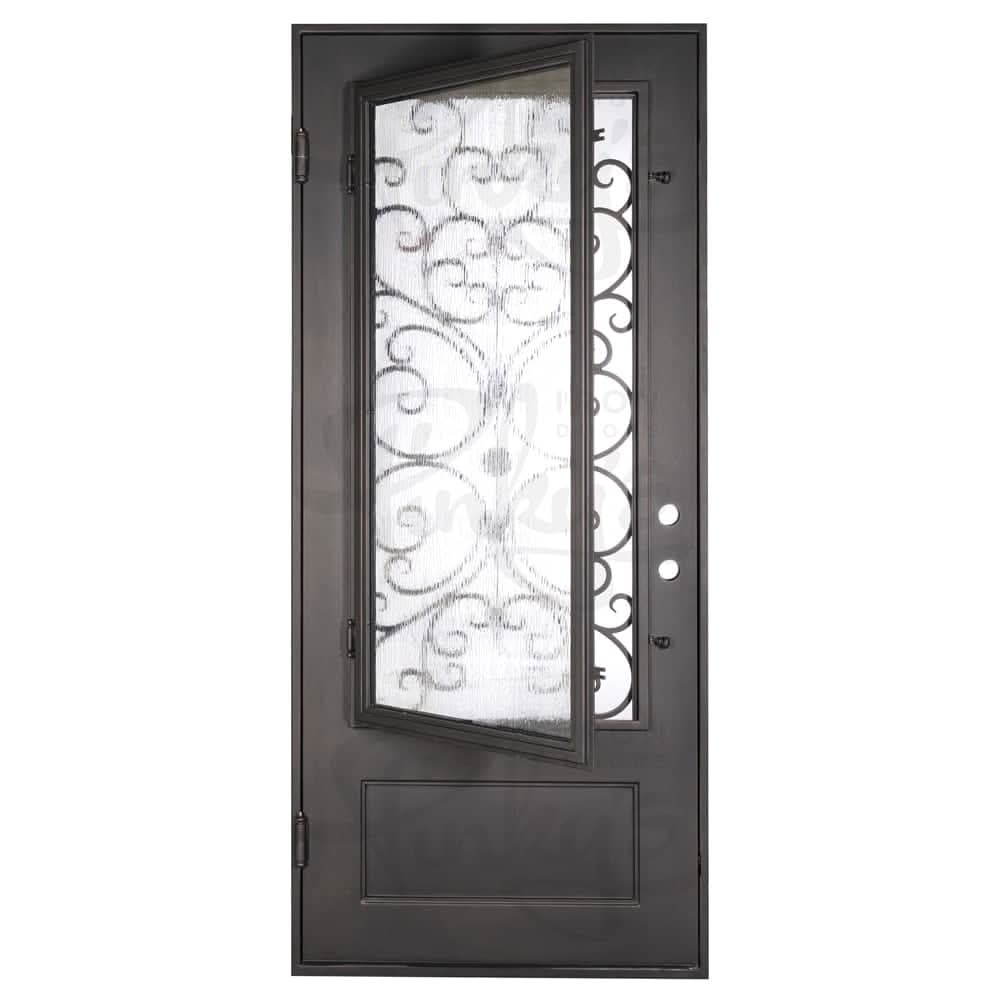 Night Single flat top door with decorative scrollwork and dual-pane glass panel.