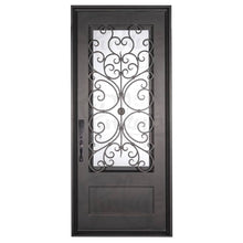 Load image into Gallery viewer, Single entryway door with a thick iron frame and intricate iron detailing behind a 3/4 pane of glass. Door features a slight arch and is thermally broken to protect from extreme weather.