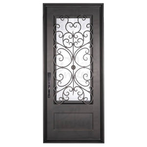 Single entryway door with a thick iron frame and intricate iron detailing behind a 3/4 pane of glass. Door features a slight arch and is thermally broken to protect from extreme weather.