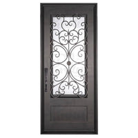 Double entryway doors with a thick iron and steel frame and a full pane of glass behind intricate iron detailing.
