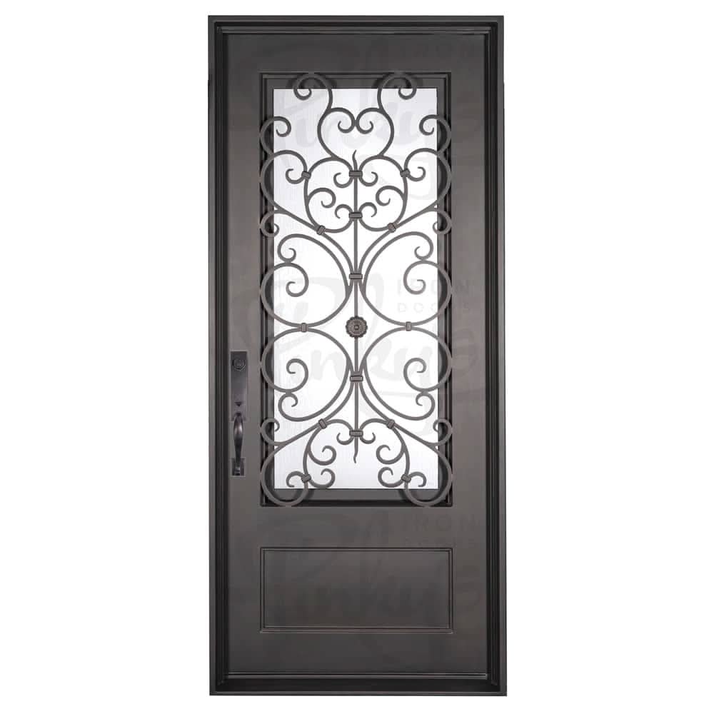 Night thermally broken single exterior door with metal ironwork in bronze color.