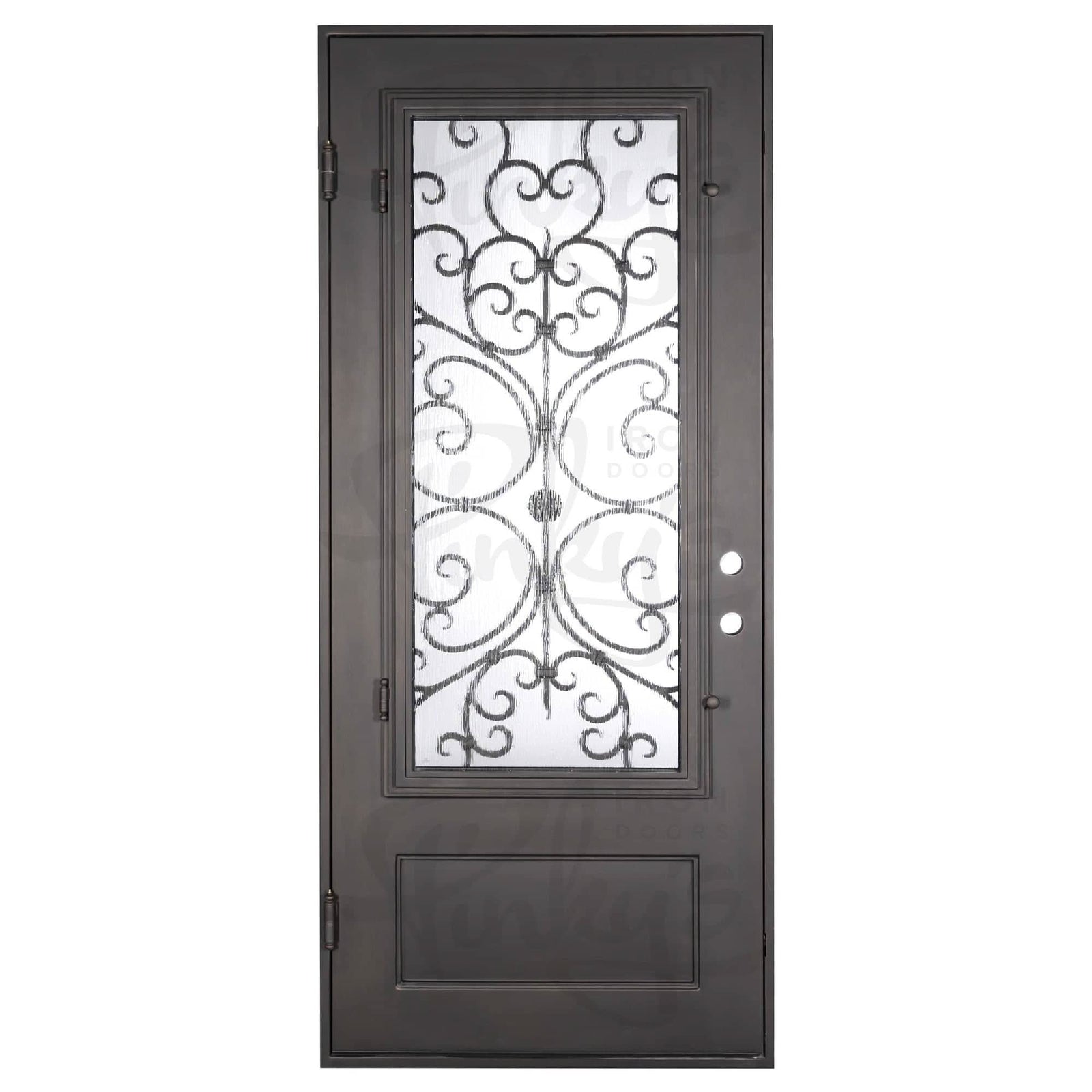 Night Pre-hung black wrought iron flat top single door with glass insert.