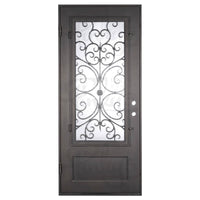 Double entryway doors with a thick iron and steel frame and a full pane of glass behind intricate iron detailing.