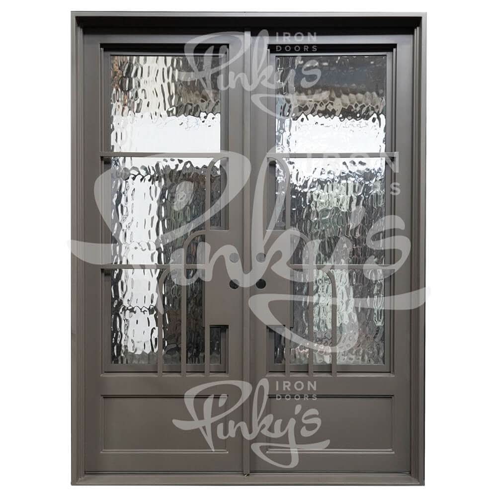 Oregon 86 black iron double flat entry door with double-pane tempered glass.