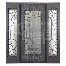 Load image into Gallery viewer, PINKYS Paris steel door with ascending iron vertical bars create the perfect linear contrast amidst the organic scrollwork of the Paris.
